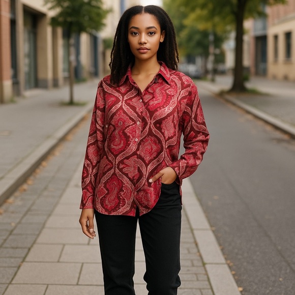 Mango Oversized Button Down Shirt Paisley Print Burgundy Size Medium Effortless - Picture 9 of 9